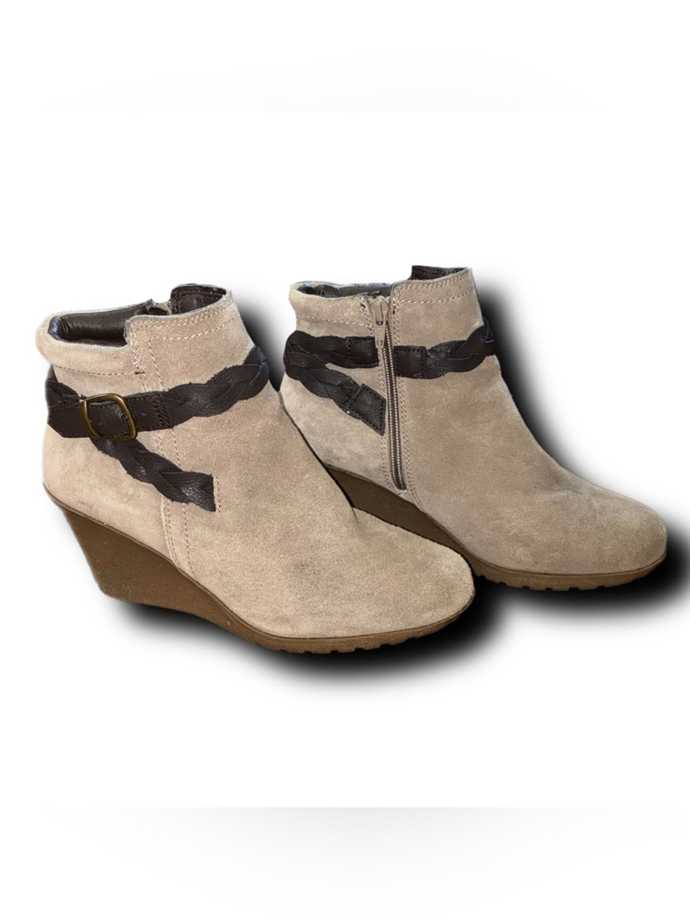 White Mountain Isabella Suede Leather Ankle Wedge Booties in Taupe Tan